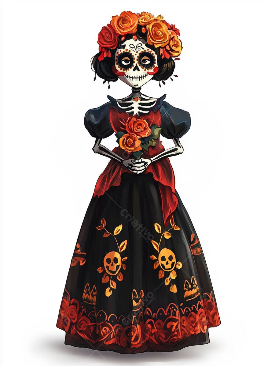 Catrina elegante com vestido preto e flores do Dia dos Mortos