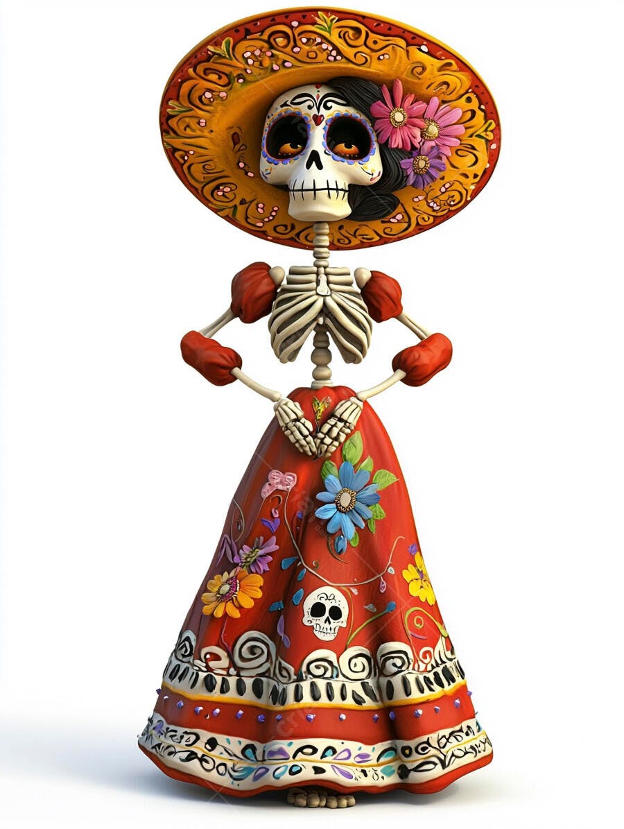 Calavera Catrina esqueleto feminino com chapéu e vestido floral colorido Dia dos Mortos