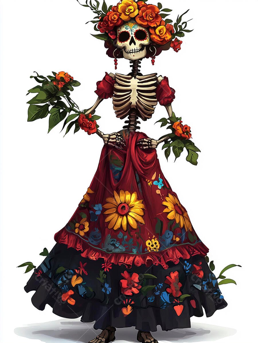 Calavera Catrina colorida com vestido floral e coroa de flores Dia de Muertos