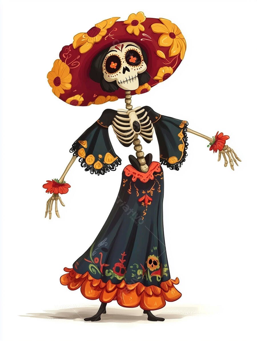 Calavera Catrina esqueleto com chapéu florido vibrante para Dia dos Mortos