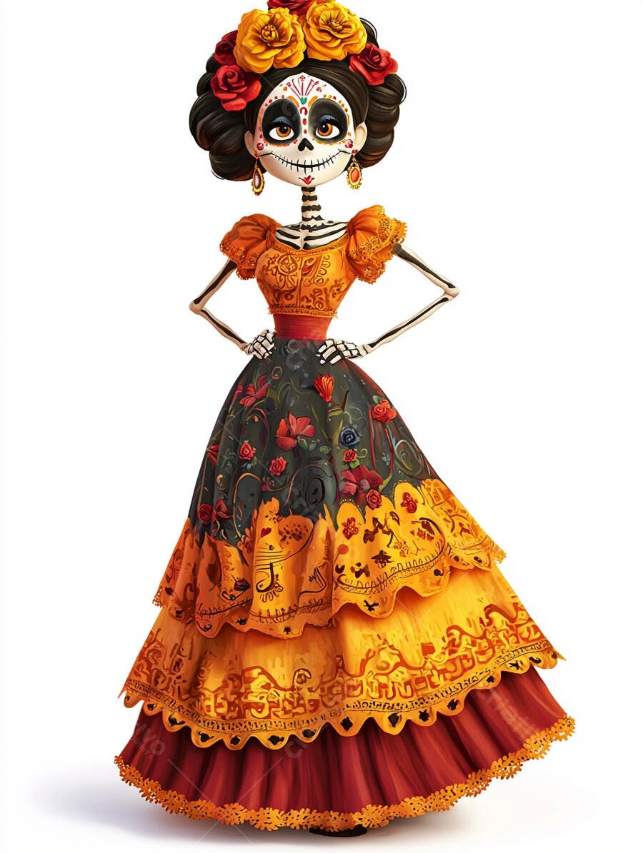 Calavera Catrina mulher esqueleto com vestido colorido e flores para Dia de Muertos