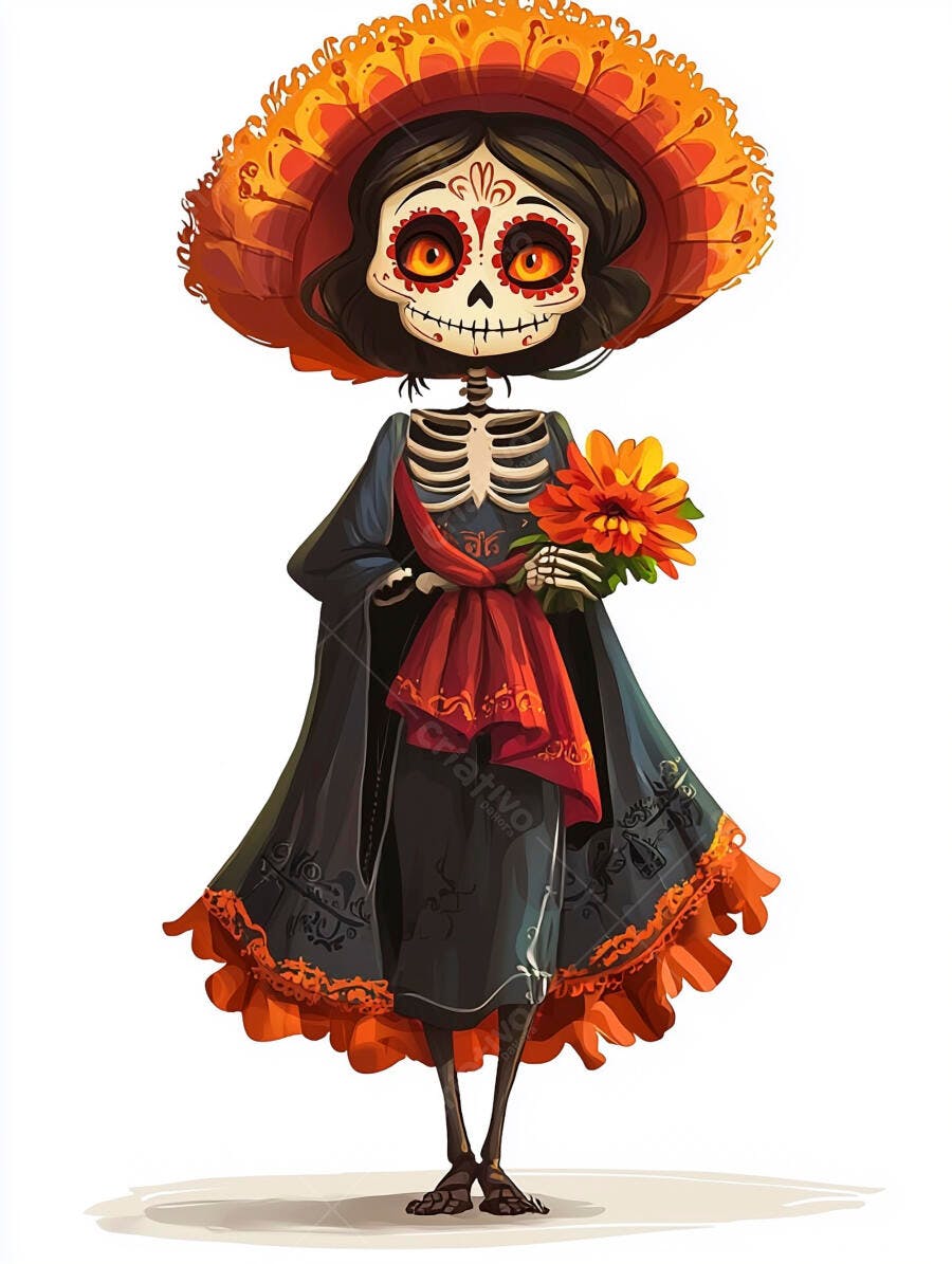 Calavera Catrina festiva segurando flor colorida chapéu laranja e vestido preto