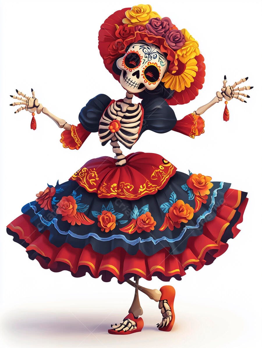 Catrina mexicana esqueleto dançando com chapéu de rosas coloridas Dia dos Mortos