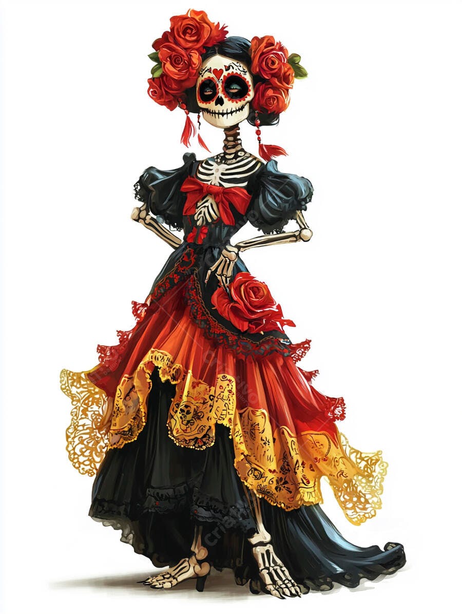 Catrina mexicana esqueleto com vestido vermelho preto e dourado rosas na cabeça