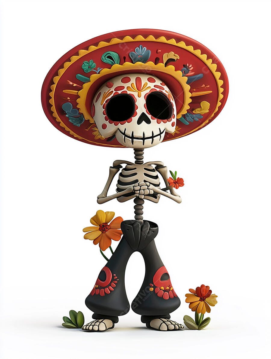 Esqueleto cartoon com sombrero vermelho e calavera mexicana para Dia de Muertos