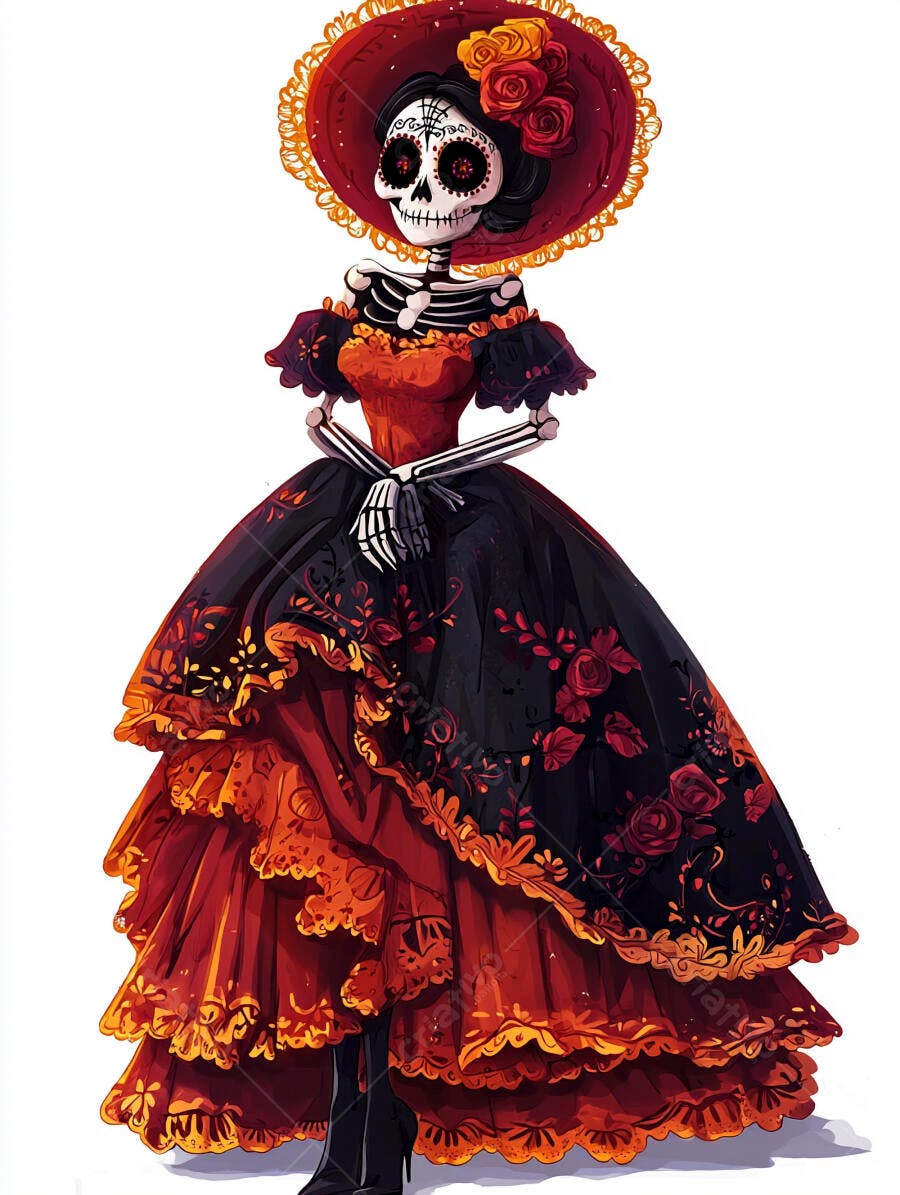 Catrina mexicana elegante em vestido vermelho e preto com chapéu floral para Dia dos Mortos