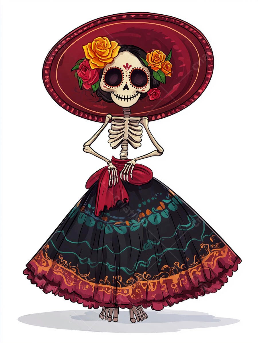 Calavera Catrina esqueleto com chapéu vermelho e flores coloridas Dia dos Mortos