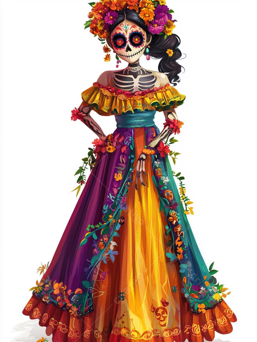 Calavera Catrina com vestido vibrante e coroa de flores coloridas Dia dos Mortos