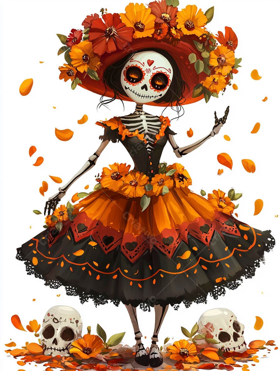 Calavera Catrina festiva com chapéu de flores coloridas para o Dia de Muertos