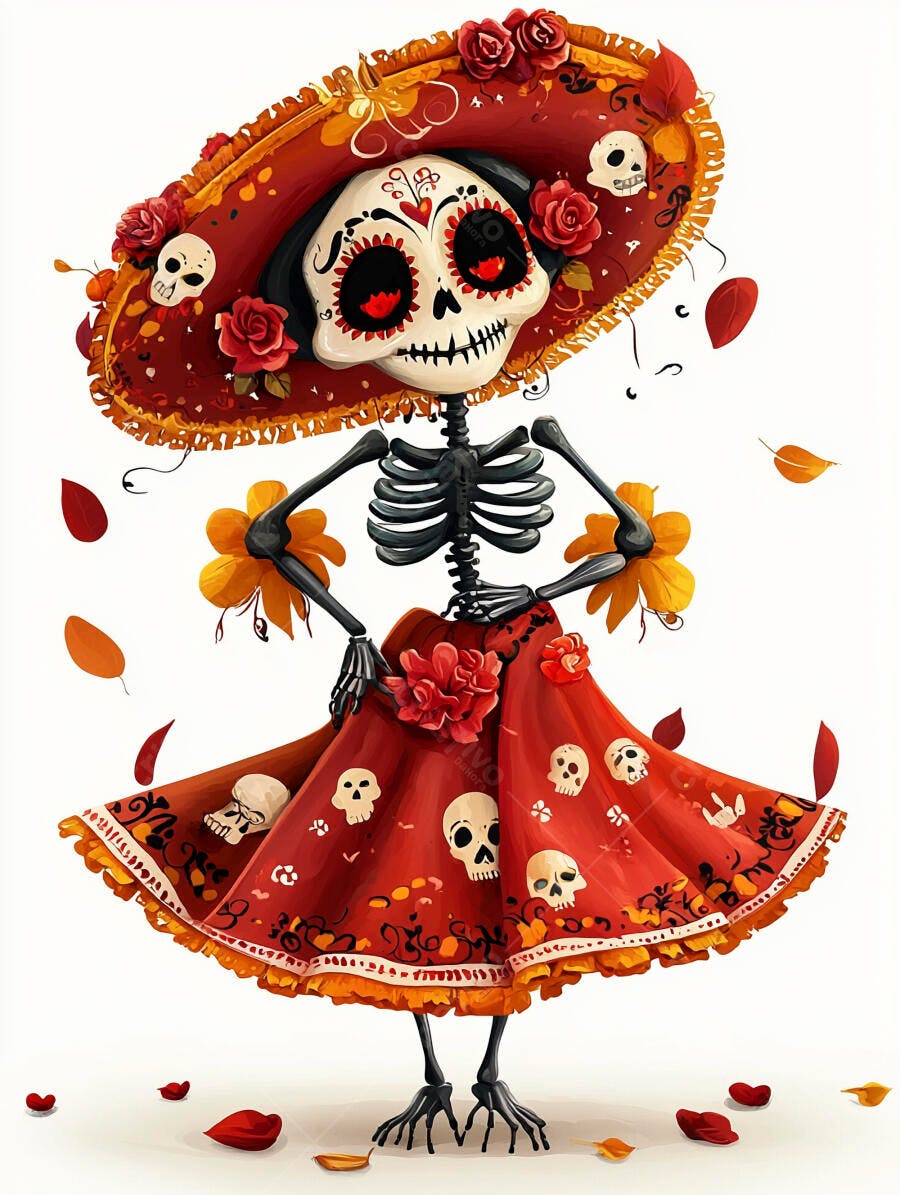 Catrina colorida com chapéu e vestido vermelho para Dia de Muertos