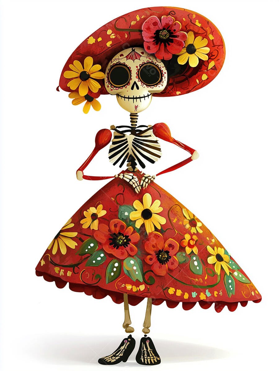 Catrina esqueleto feminino com chapéu vermelho e flores coloridas Dia de los Muertos