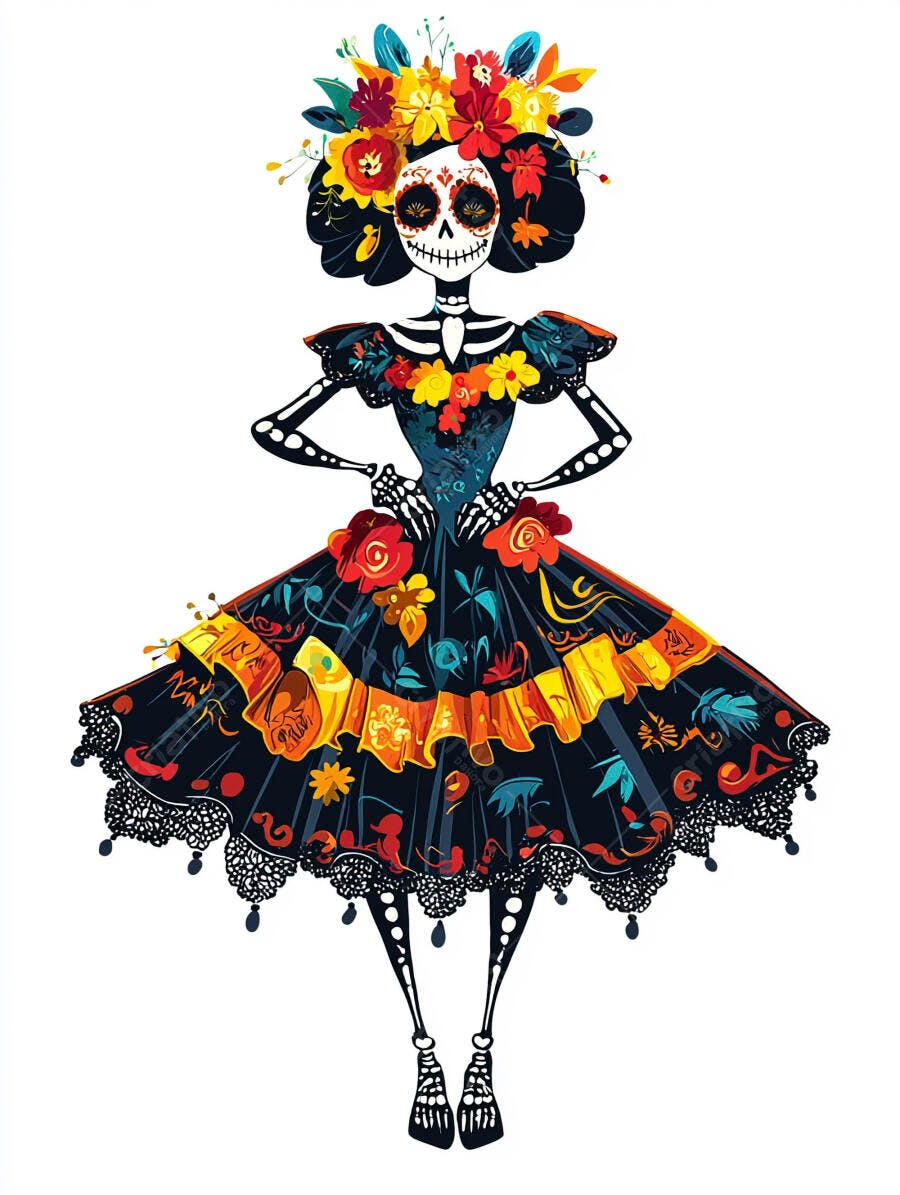 Calavera Catrina colorida com vestido floral e coroa de flores mexicanas