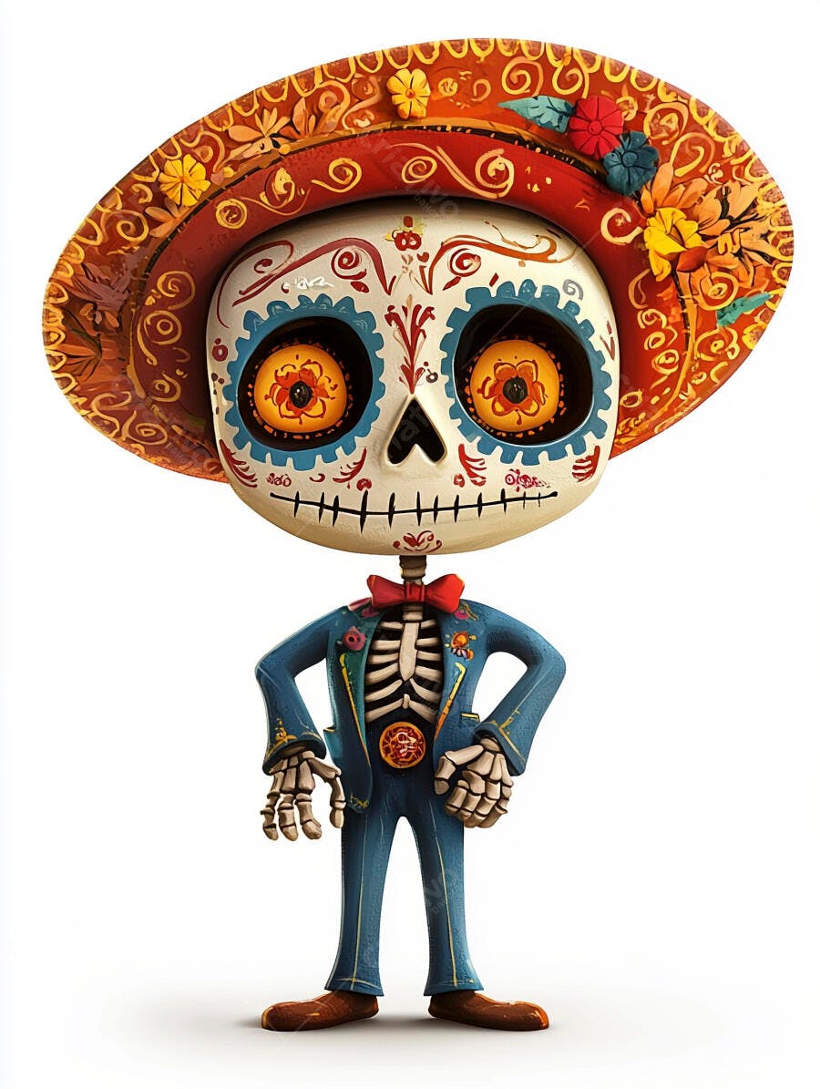 Esqueleto Calavera festivo com sombrero e terno azul para Dia de Muertos