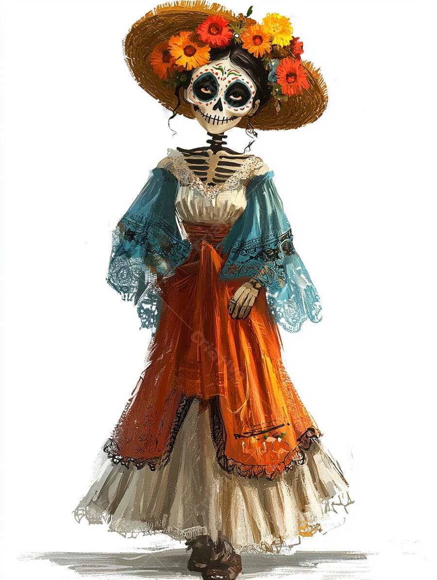 Catrina mexicana em vestido folclórico laranja e azul com chapéu floral