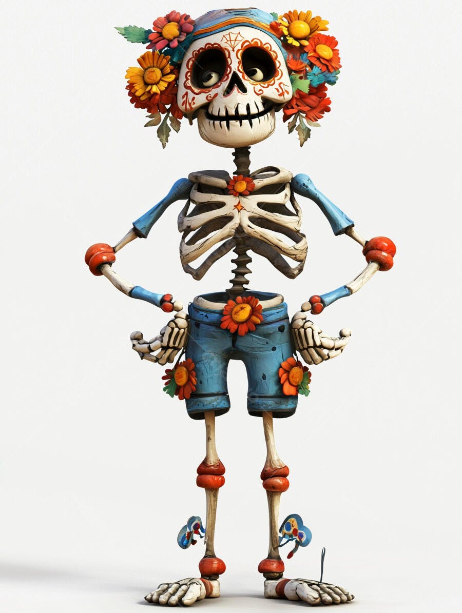 Esqueleto decorado com flores coloridas estilo Dia de Muertos e shorts azuis