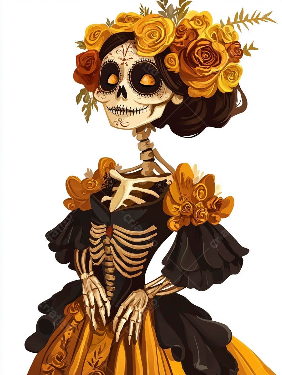 Caveira mexicana mulher elegante com coroa floral amarela e laranja em vestido Dia de los Muertos