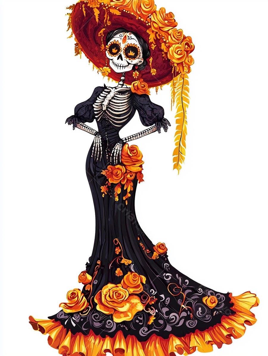 Catrina elegante com chapéu e vestido preto decorado com rosas laranjas