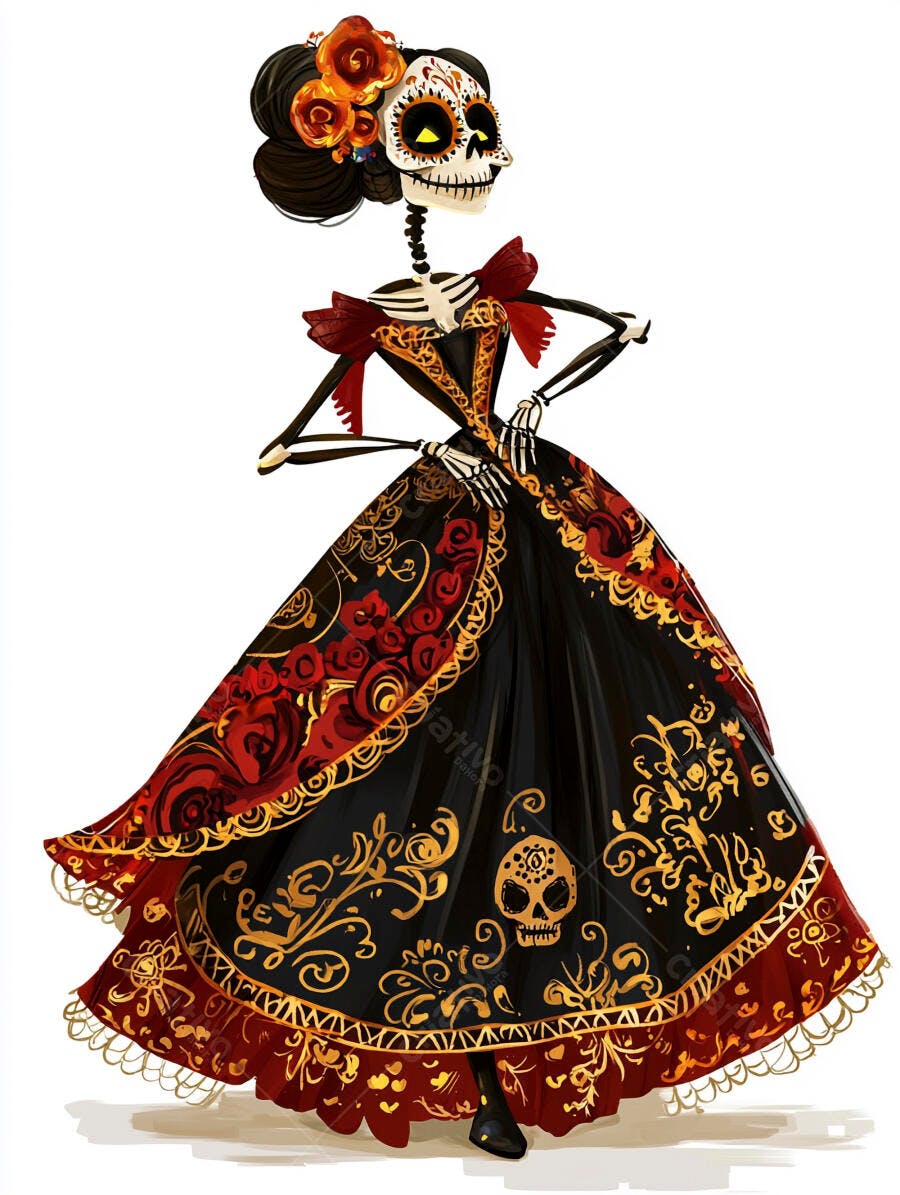 Caveira mexicana Catrina com vestido elegante preto vermelho e dourado