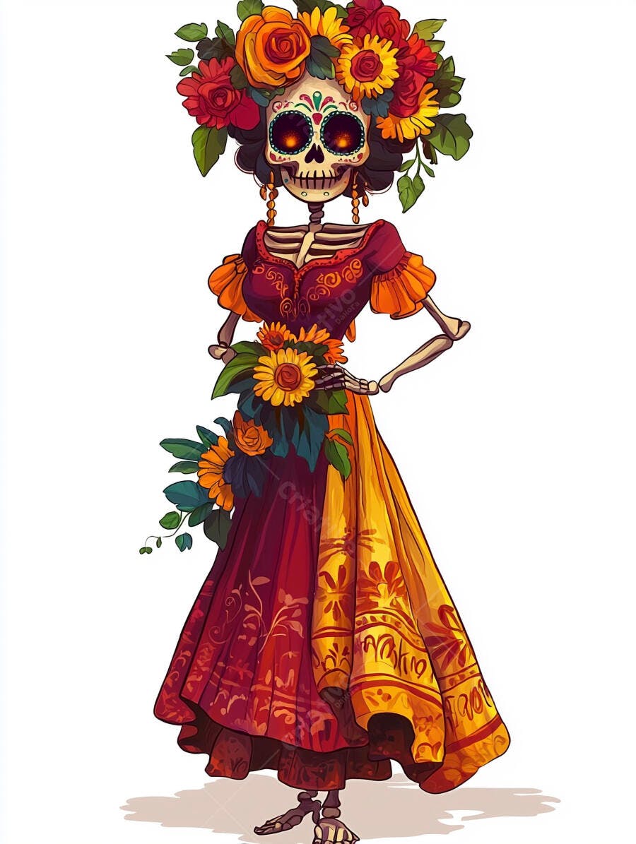 Catrina esqueleto feminino vestido vermelho amarelo flores vibrantes Dia dos Mortos