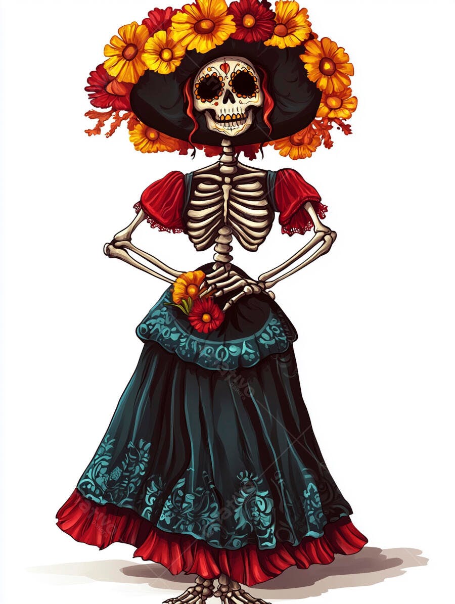 Catrina esqueleto festivo com chapéu de flores coloridas Dia dos Mortos