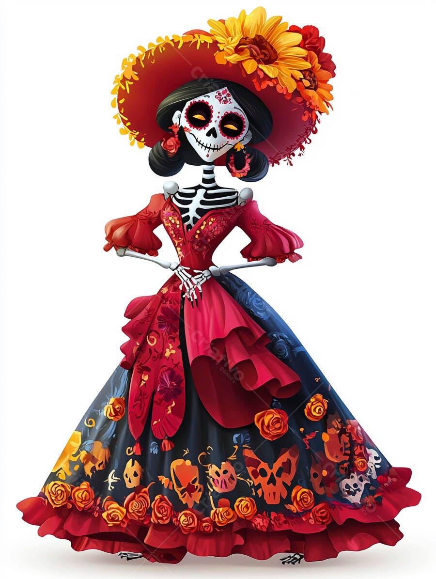 Catrina colorida com chapéu e vestido floral para Dia de Muertos