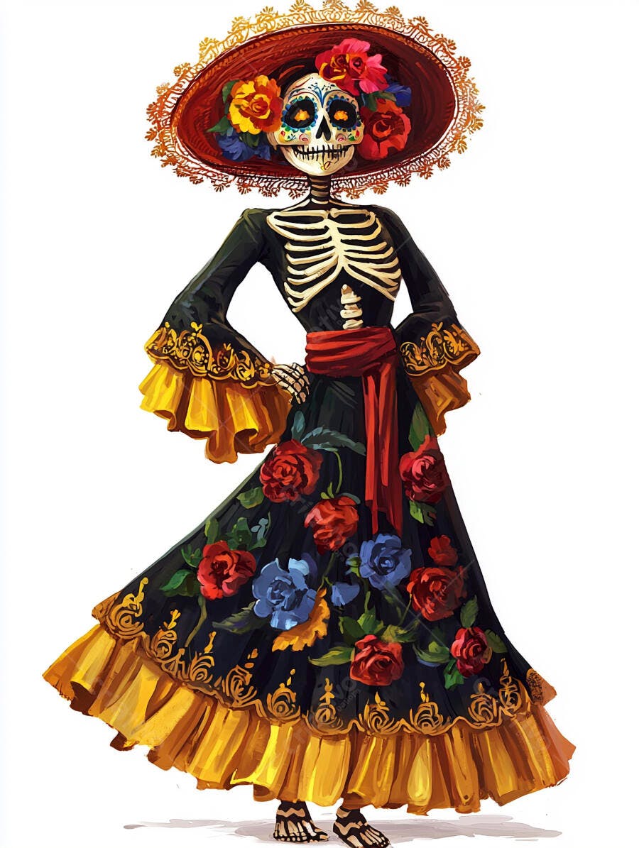 Catrina elegante com chapéu e vestido floral para o Dia dos Mortos