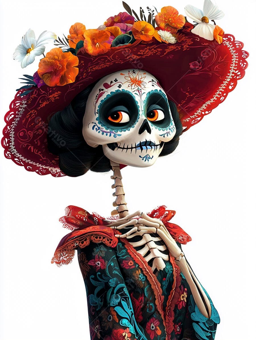 Calavera Catrina esqueleto festivo com chapéu florido vermelho Dia dos Mortos