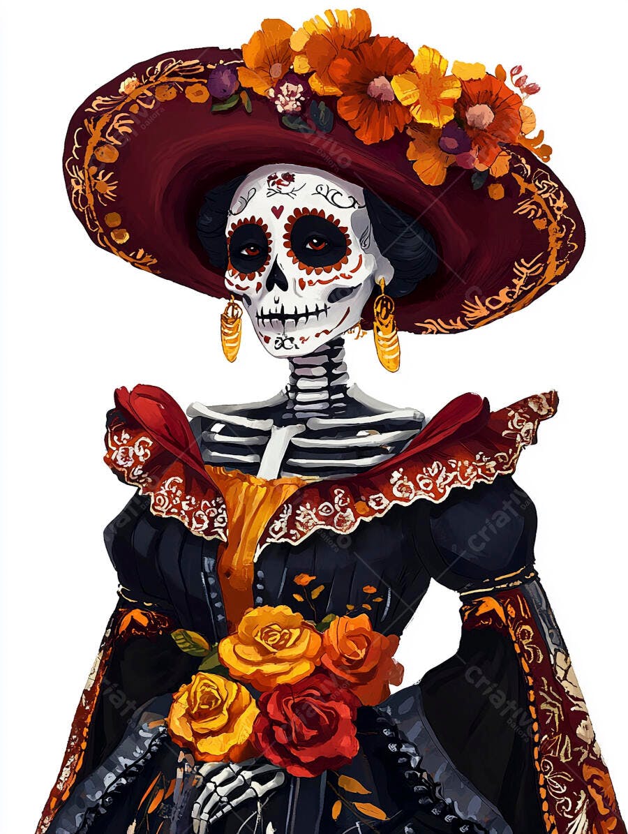 Catrina elegante com chapéu floral maquiagem de caveira mexicana e vestido preto