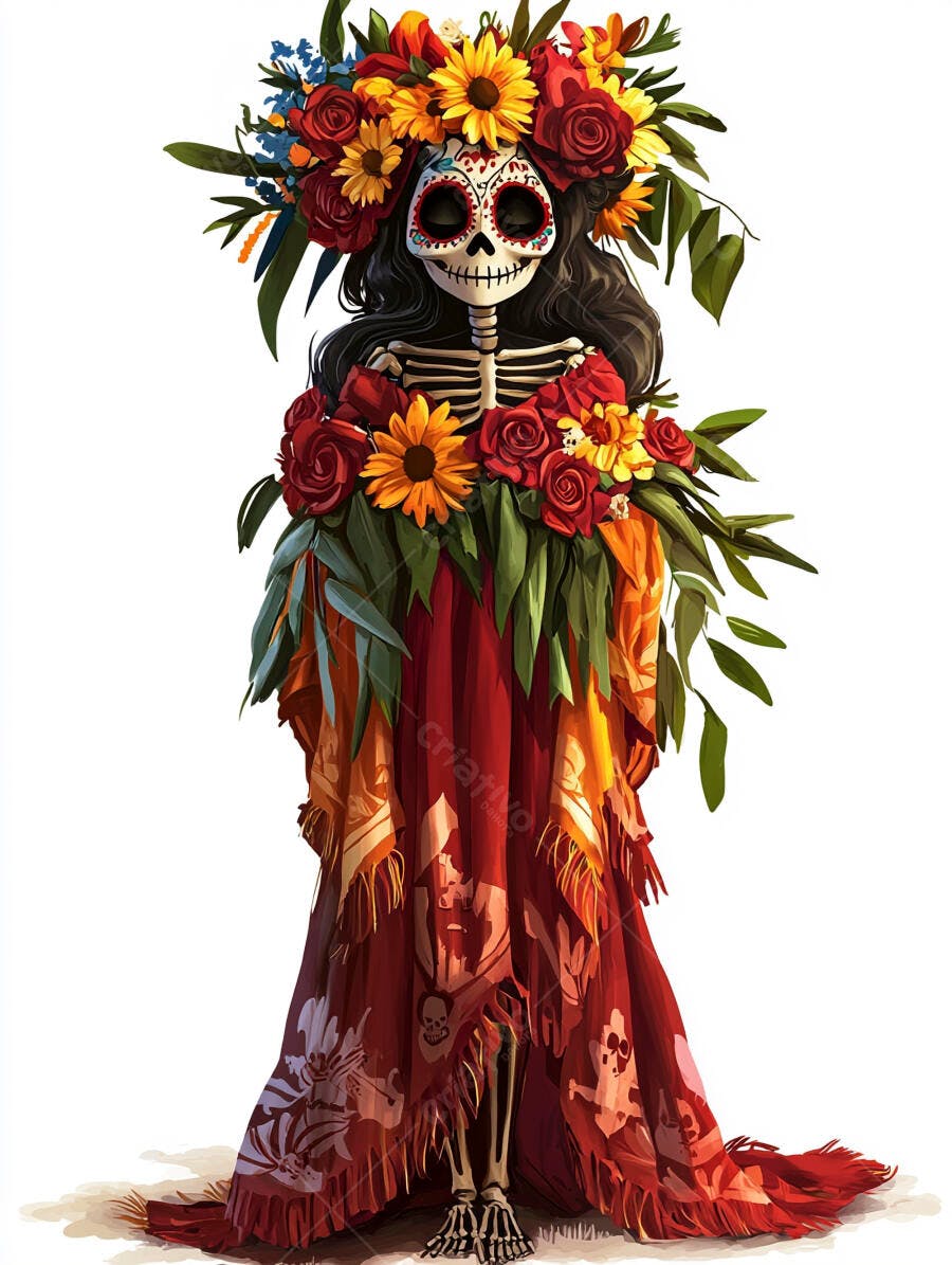 Calavera Catrina com coroa de flores e vestido vermelho para Dia de los Muertos