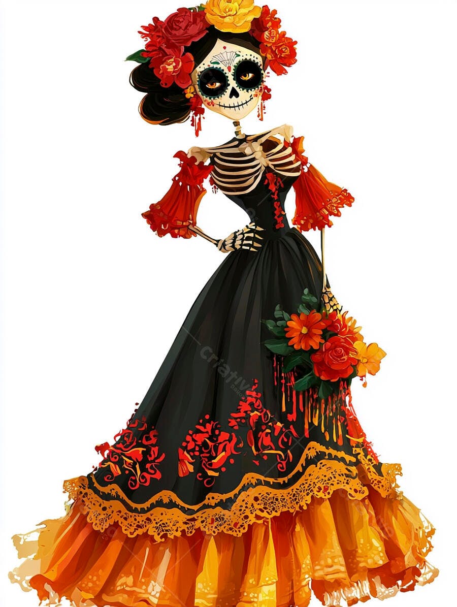 Calavera Catrina esqueleto feminino elegante vestido preto e flores vibrantes Dia dos Mortos