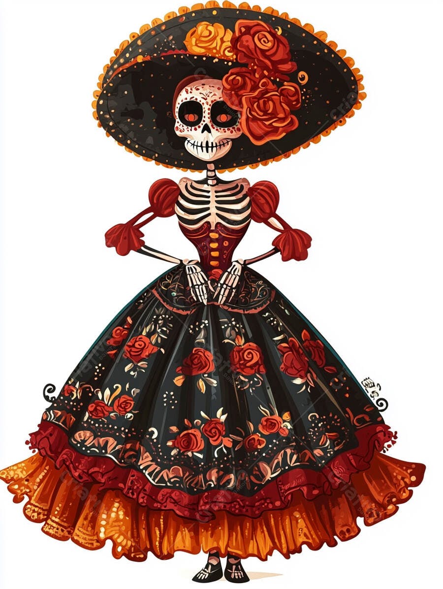 Catrina mexicana esqueleto elegante em vestido e chapéu florido Dia de Muertos