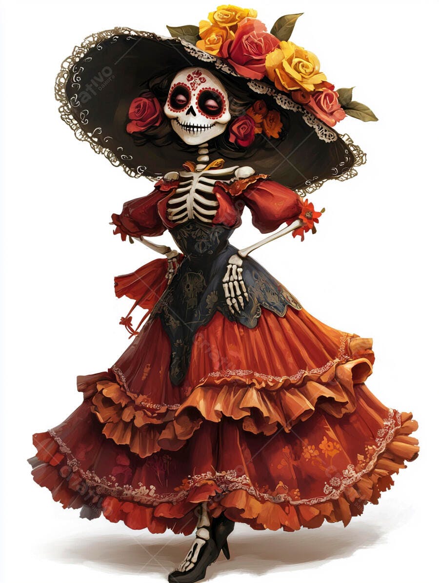 Calavera Catrina com vestido vermelho florido e chapéu amarelo para o Dia dos Mortos