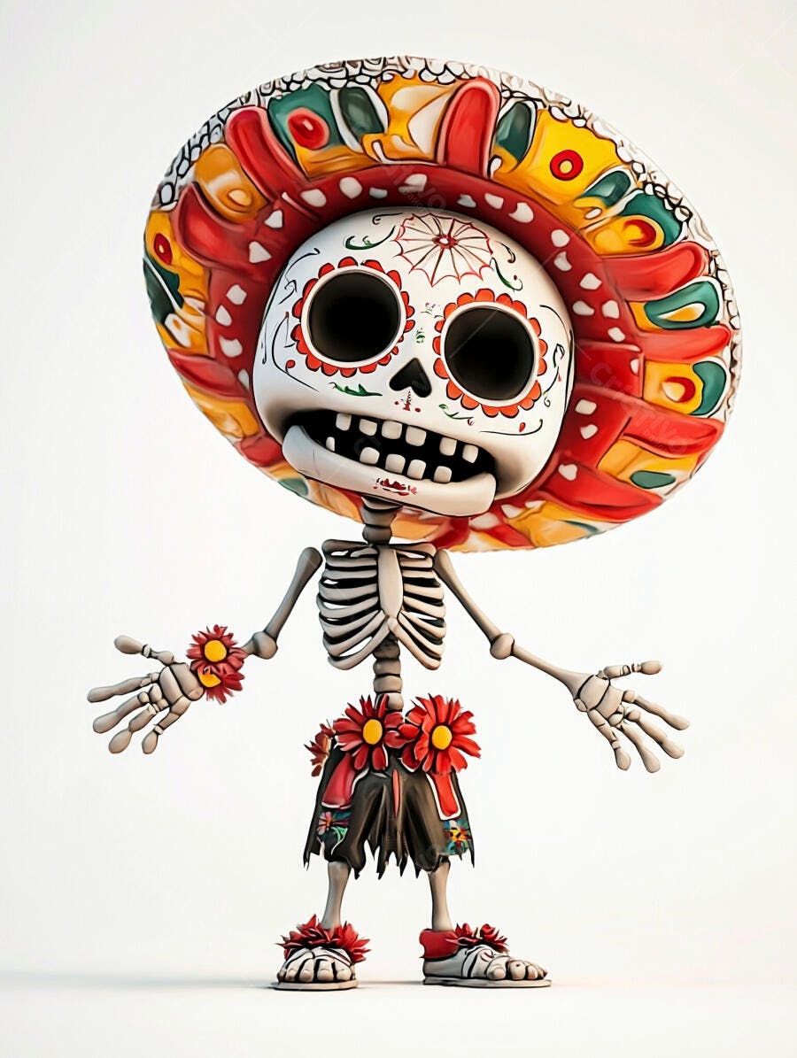 Esqueleto festivo estilizado com sombrero colorido e flores vermelhas Dia dos Mortos