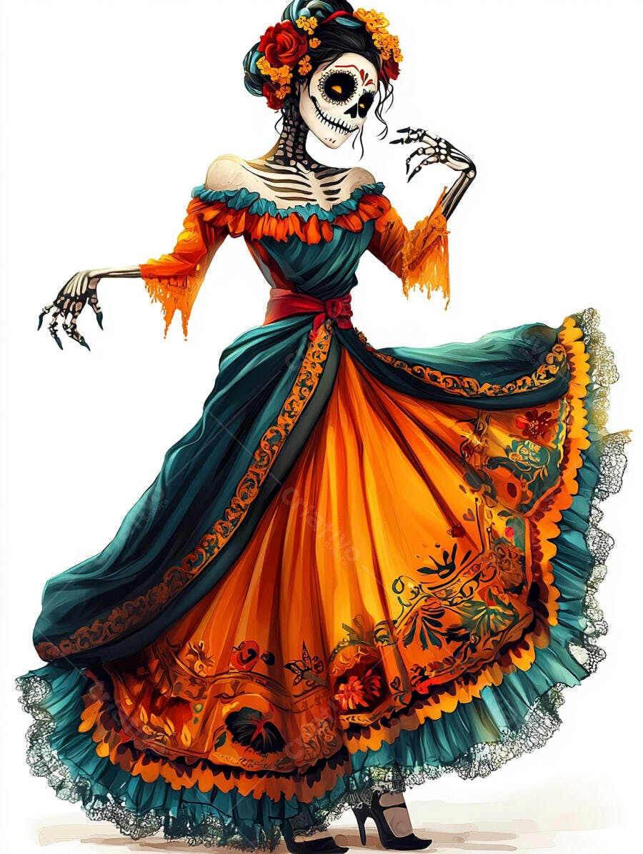 Catrina elegante em vestido laranja e verde Dia de los Muertos
