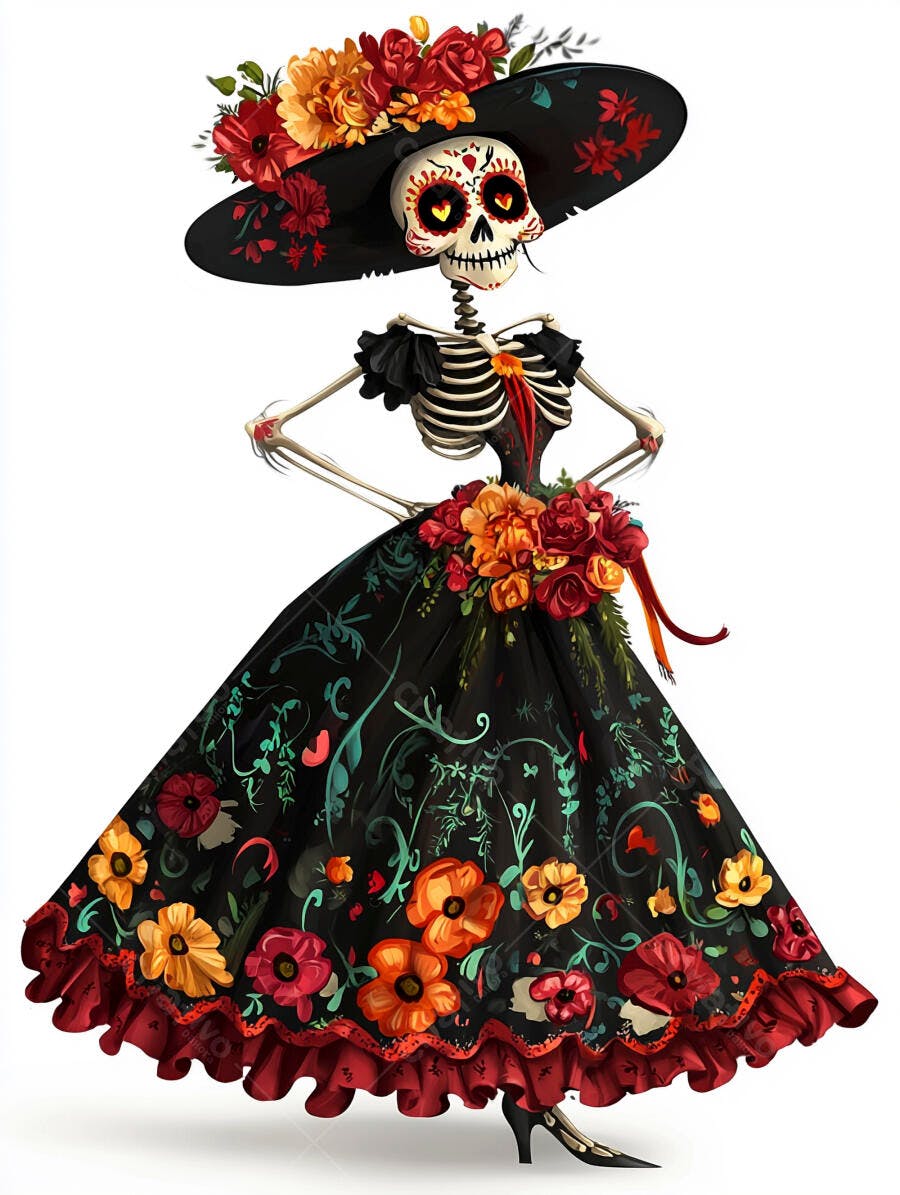Caveira Catrina elegante com vestido floral vibrante e chapéu no Dia dos Mortos
