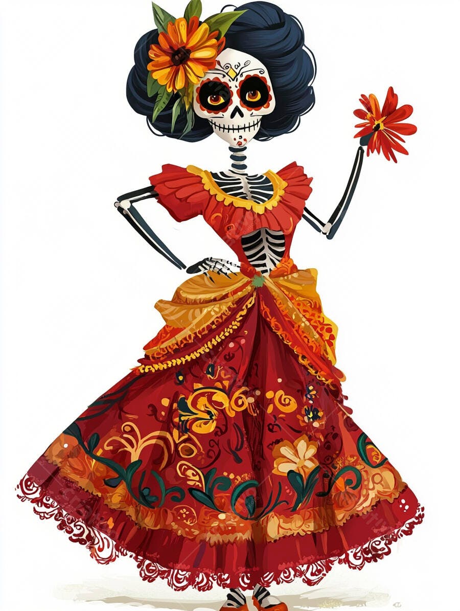 Catrina esqueleto feminino com vestido vermelho e laranja e flores celebra Dia dos Mortos