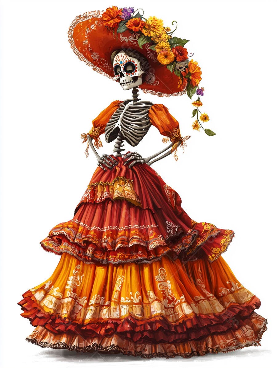 Catrina esqueleto com chapéu florido e vestido tradicional Dia dos Mortos