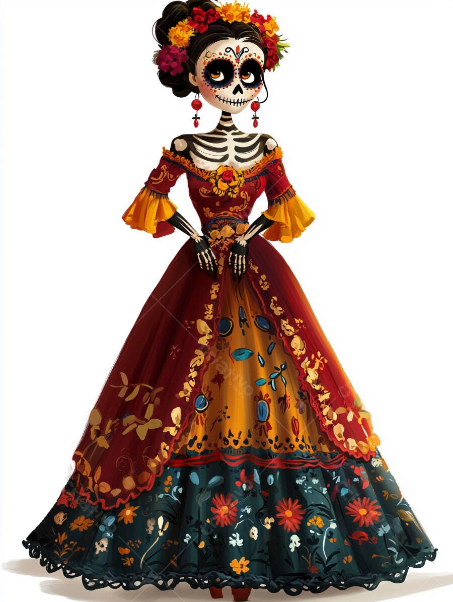 Calavera Catrina festiva com vestido floral colorido para Dia dos Mortos