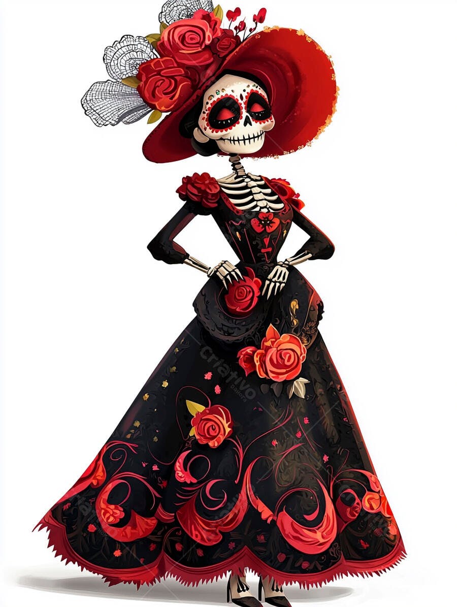 Catrina mexicana com chapéu vermelho e vestido floral preto Dia dos Mortos