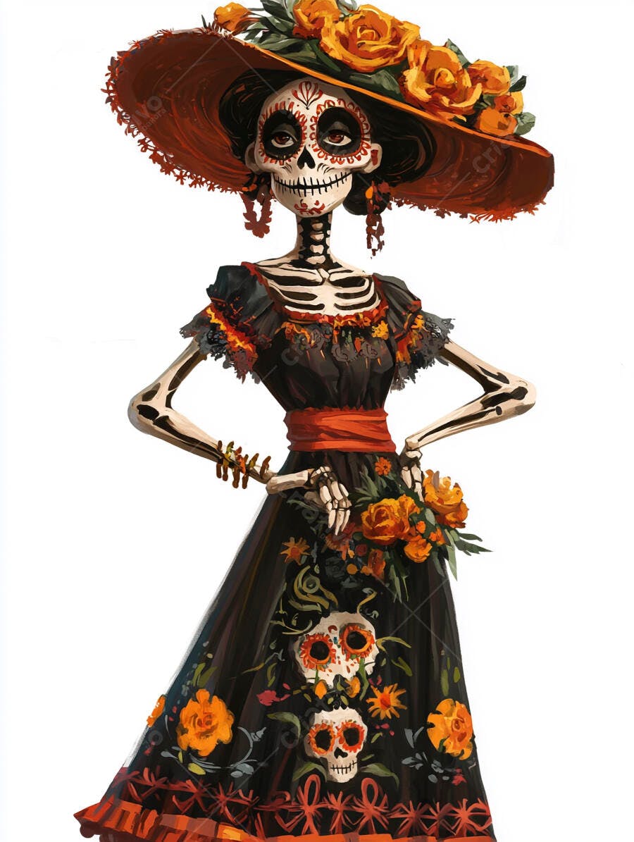 Catrina com chapéu laranja e vestido preto festivo Dia de los Muertos