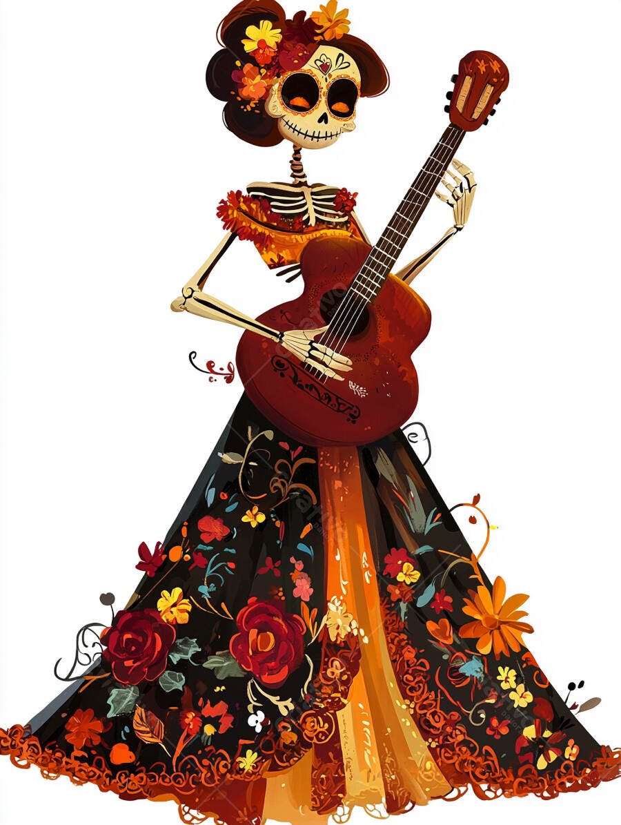 Catrina mexicana tocando violão em vestido festivo floral Dia de los Muertos