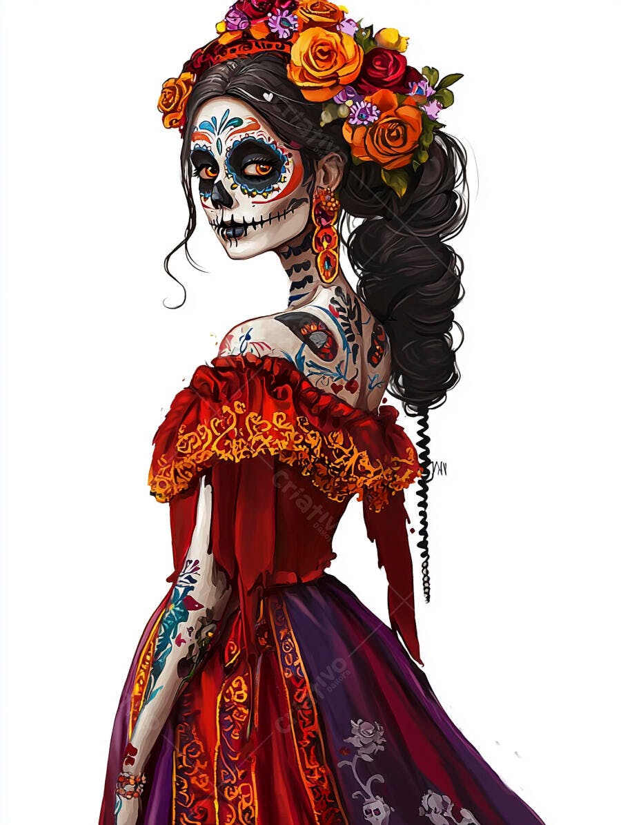 Mulher Calavera Catrina com maquiagem Dia de los Muertos vestido vermelho e roxo flores