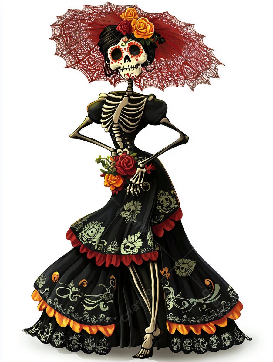 Calavera Catrina com vestido preto guarda-chuva e flores para Dia dos Mortos