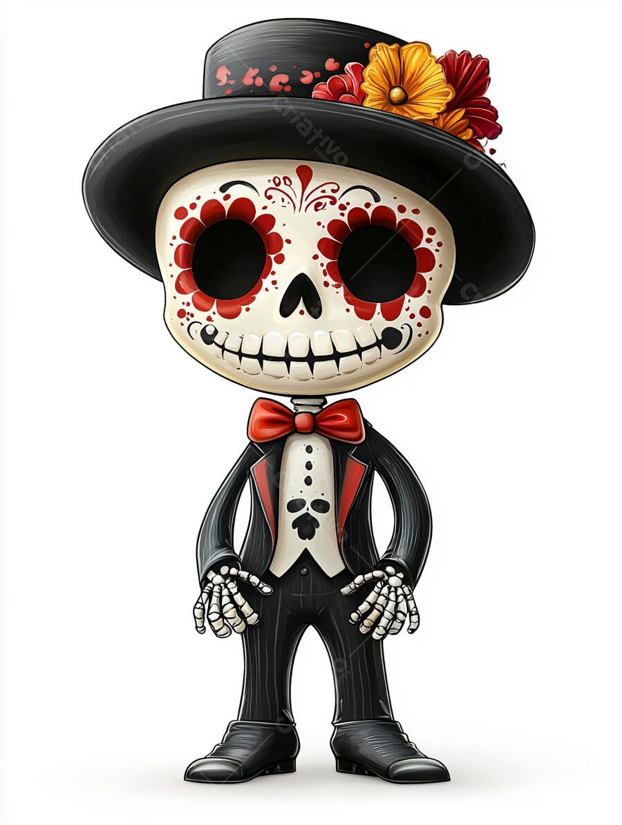 Esqueleto Catrina vestido de terno e cartola com flores Dia de Muertos