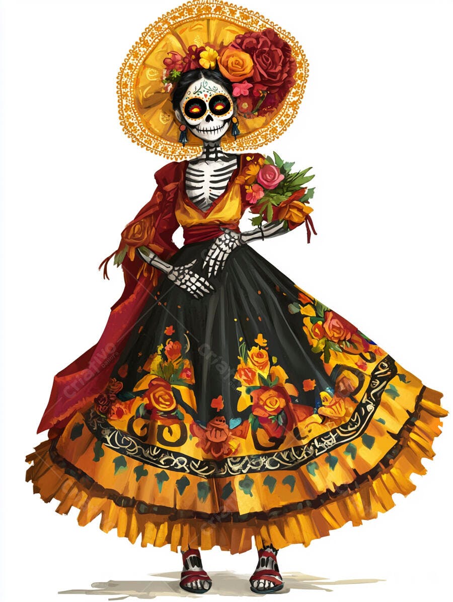Catrina mexicana em vestido floral amarelo preto e chapéu segurando flores
