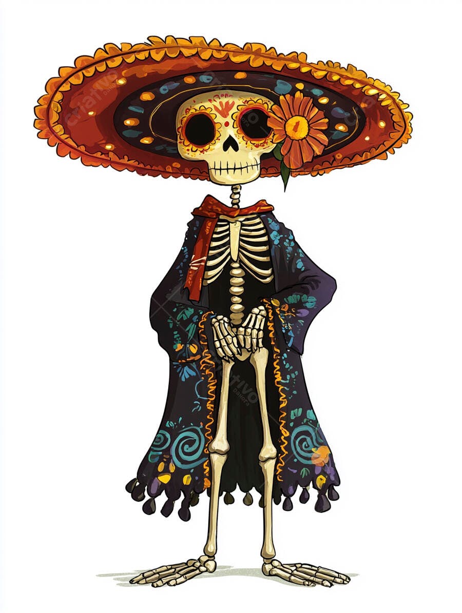 Esqueleto Catrina com sombrero colorido traje mexicano vibrante flor laranja celebração Dia dos Mortos