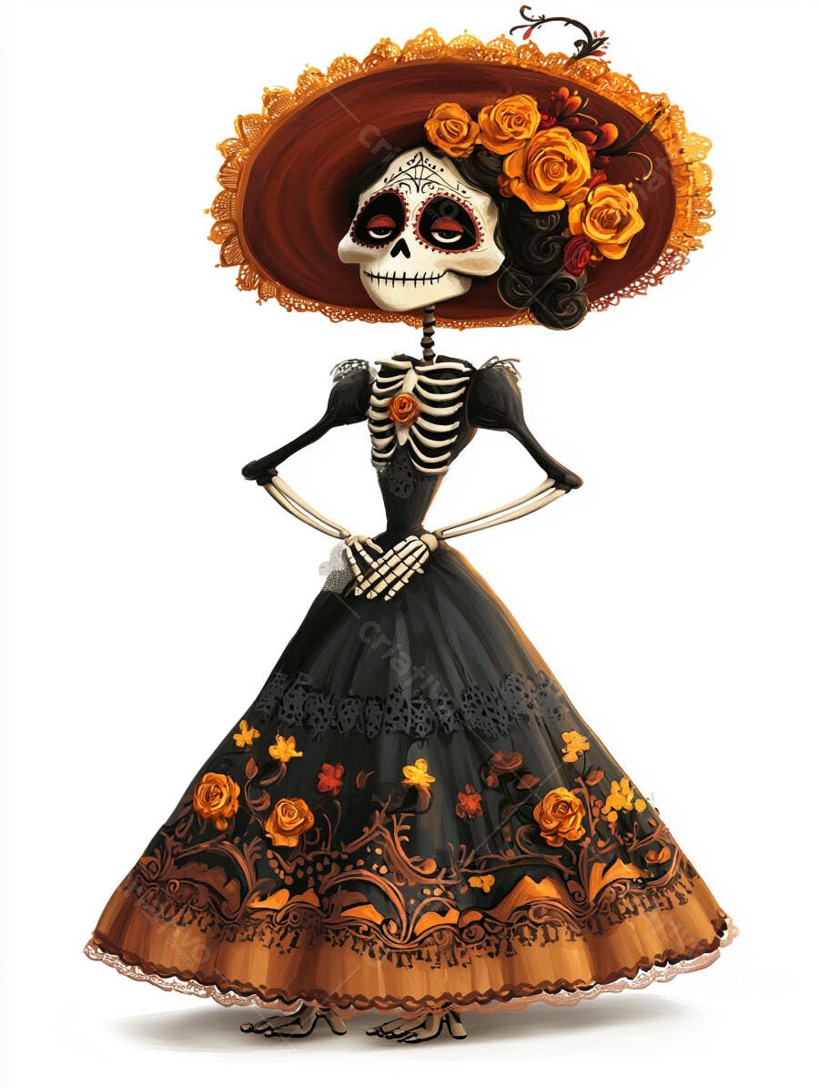 Calavera Catrina elegante com chapéu laranja e vestido preto floral Dia dos Mortos