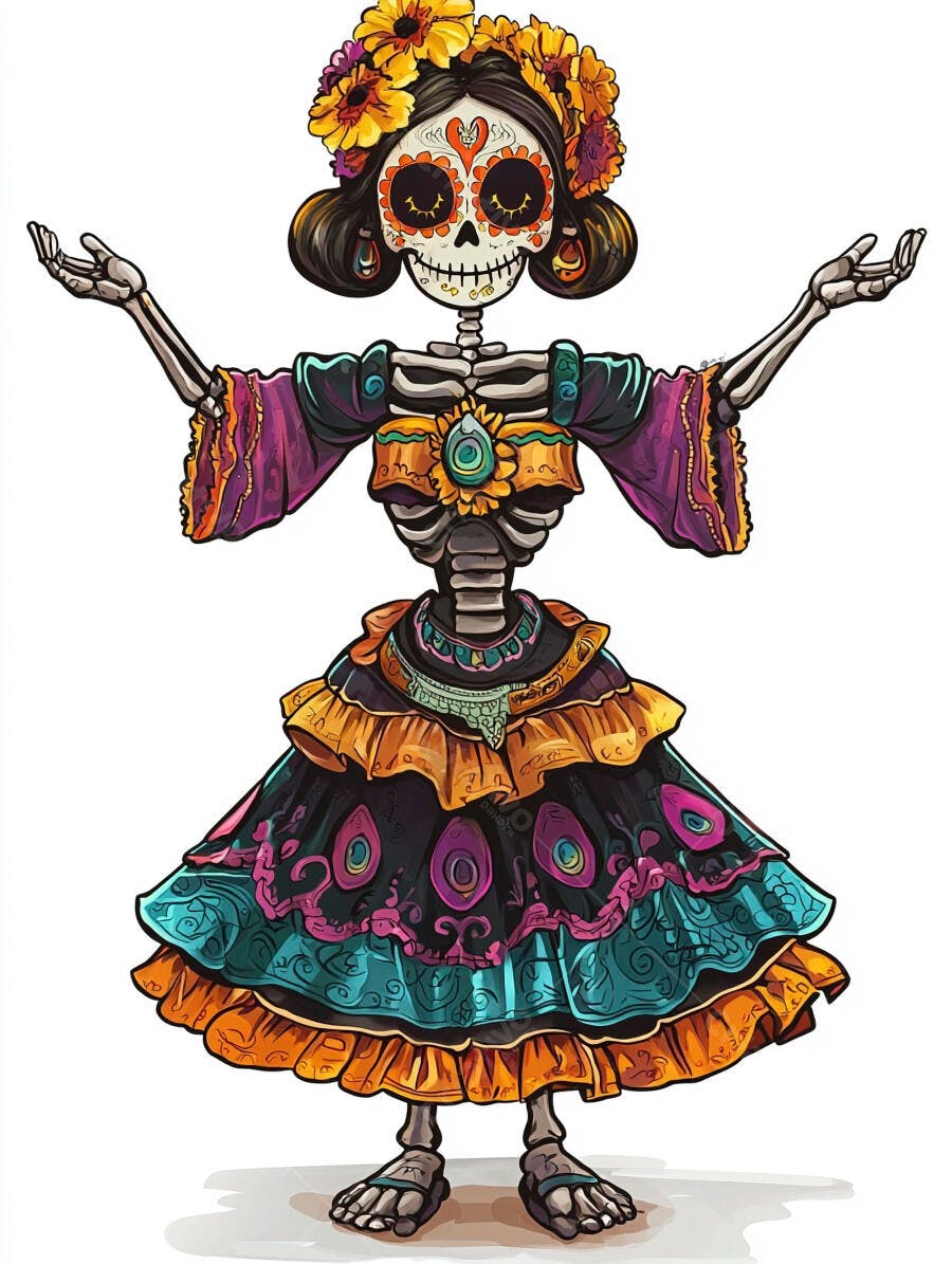 Catrina esqueleto colorida com vestido vibrante e flores Dia de los Muertos