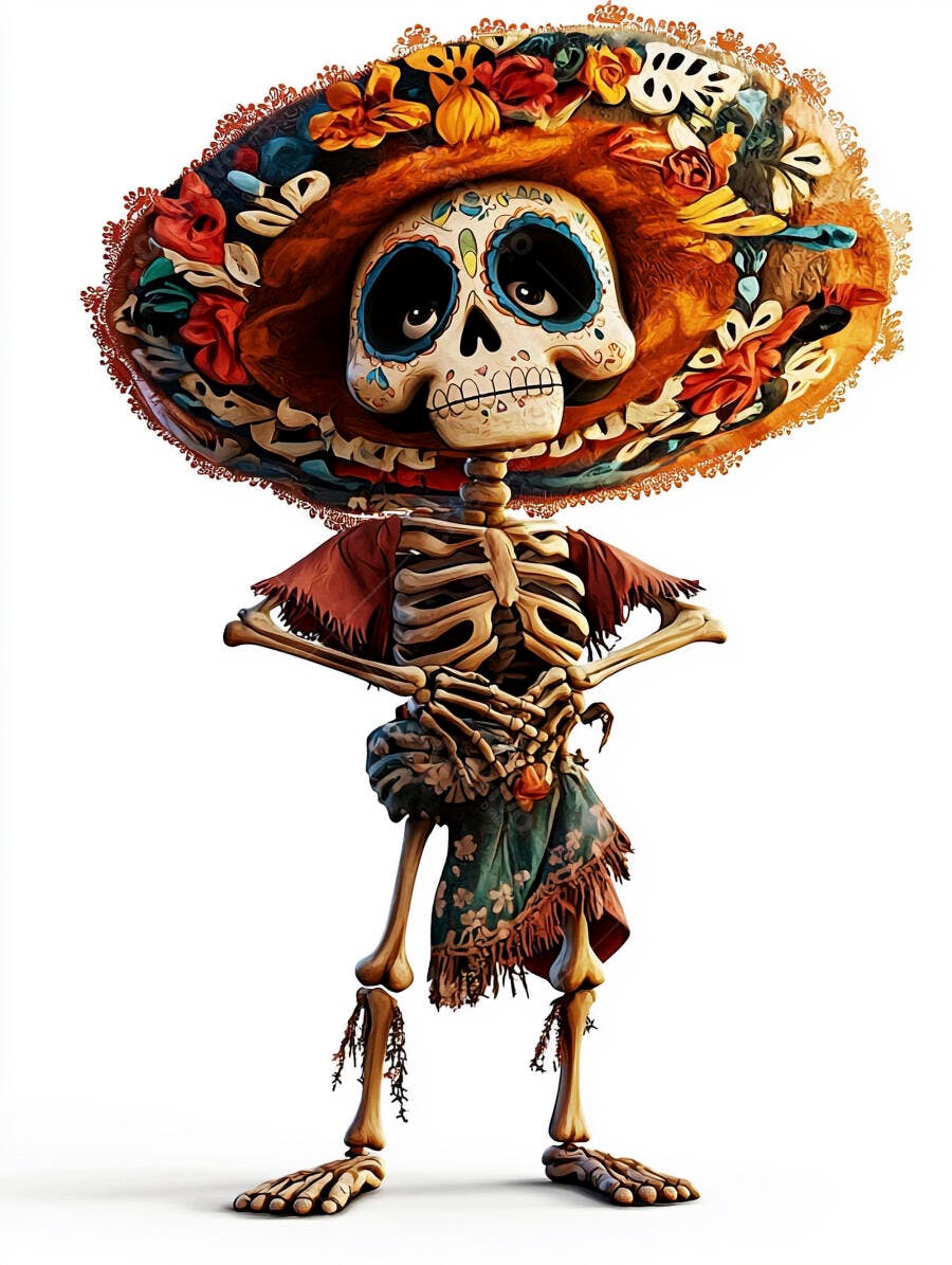 Esqueleto Catrina mexicana com chapéu floral vibrante para Dia de los Muertos