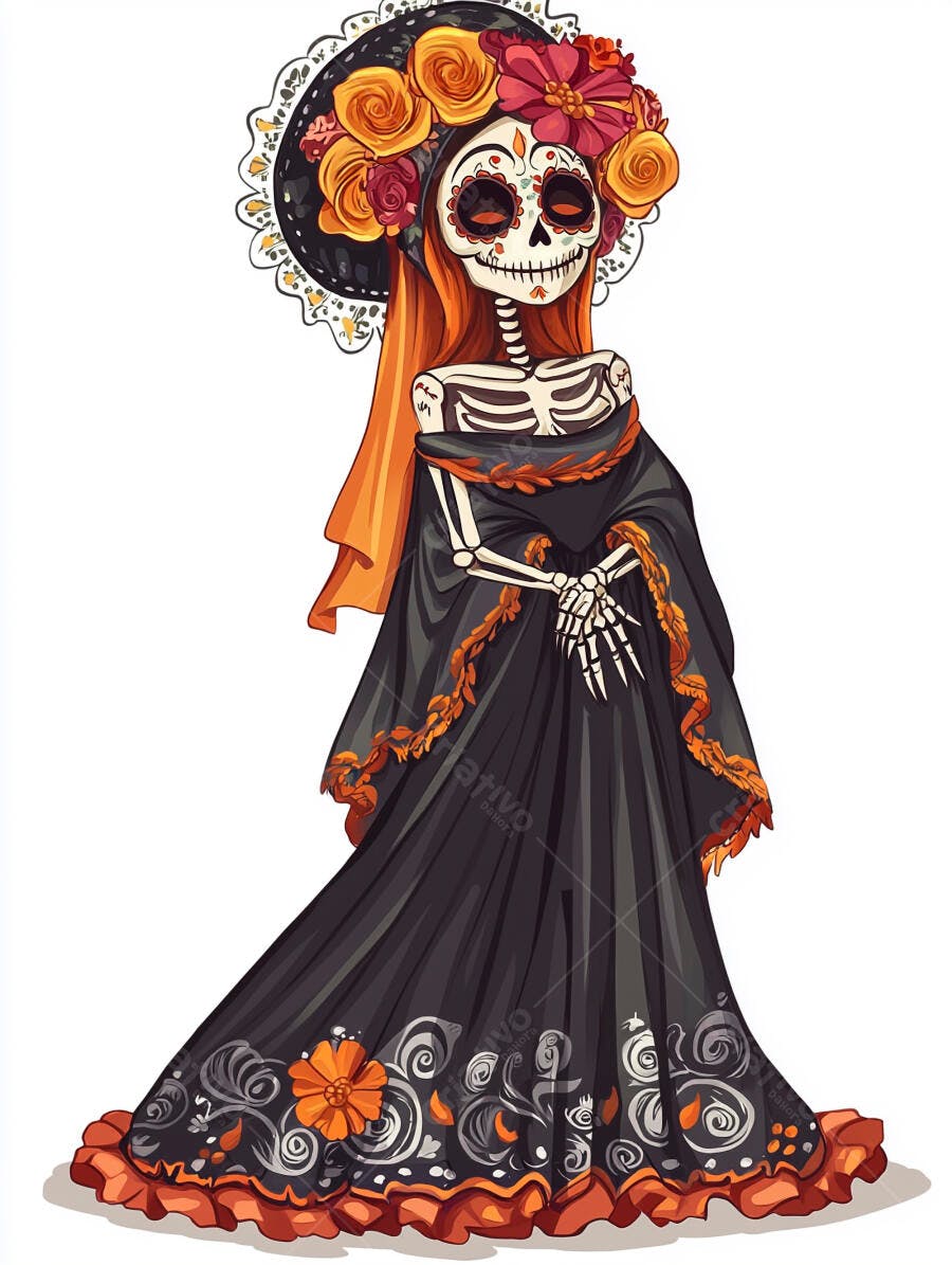 Catrina elegante esqueleto mulher vestido preto flores coloridas Dia dos Mortos